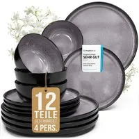 PURE LIVING INTERIOR DESIGN Geschirr-Set Pure Living »Ibiza« (12-tlg), 4 Personen, Steingut, Grau, 4 Personen, Steingut, Mediterrane Handwerksoptik, Reaktive Glasur – jedes Stück einzigartig…