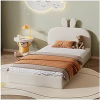 Flieks Polsterbett, Kinderbett Einzelbett mit Kaninchen Kopfteil 90x200cm Samt