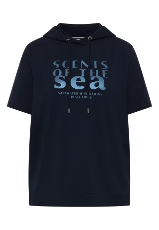 CECIL - Kurzarm Shirt mit Kapuze und Wording universal blue - Gr. - XL