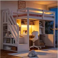 BlingBin Hochbett Holzbett Kinderbett (1-St., mit Stauraum, Schreibtisch, Regalen, LED-Beleuchtung) EU-Standard-Steckdosen sowie hohen Sicherheitsgittern,90 x 200 cm