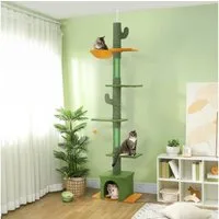 PawHut Kratzbaum Deckenhoch, 230-275 cm, mit Kippschutz, mit mit Katzenhöhle, Kratzstämmen, Spielball, Grün