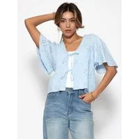 SASSYCLASSY Langarmbluse Musselin Bluse zum Binden Damen mit Lochstickerei Luftige Kurzarmbluse mit Bindebändern Lochmuster und V-Ausschnitt