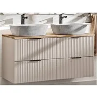 Lomadox Doppelwaschtisch ADELAIDE-56-CASHMERE, 120cm mit Keramik-Waschbecken, kaschmir und Eiche mit gerillter Front