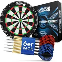 DartPro Dartscheibe Steeldart - Profi Dartboard inkl. 6 Steeldarts (18g) -, hochwertigstes Sisal, extrem dünne Drähte, inkl. Montageset