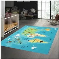 TeppichHome24 Teppich Kinderzimmer Weltkarten-Lernteppich mit Tieren in blau, rechteckig, Höhe: 7 mm