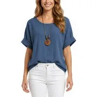dy_mode Kurzarmbluse Damen Kurzarm Bluse Leichte Sommer Tunika Baumwollbluse Oberteil in Unifarbe, mit passende Kette