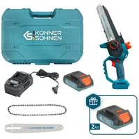 Könner & Söhnen Akku-Kettensäge KS MCS20V-8 CASE PLUS, Akku-Mini-Kettensäge Set mit 2 Akkus, 2 Schienen & 2 Ketten, 1-tlg., Inklusive zusätzlichem 2Ah Akku als Geschenk & Koffer, Bürstenloser Motor, 8m/s Speed, werkzeuglose Spannung