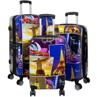 Warenhandel König Trolleyset Five Cities, 4 Rollen, (Gr. M, L und XL, 3 tlg., Hartschalen Trolley Set), mit Motiv, Dehnfalte zur Vergrößerung des Packvolumens
