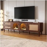 Yorbay TV-Schrank Rattan Design,mit LED-Beleuchtung,Braun Lowboard für 80-Zoll-Fernseher Vintage Lowboard mit 2 Rattan-Schubladen und 3 geschlossener Stauräume