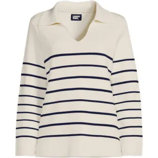 Feinstrick-Polopullover, Damen,  Weiß, Baumwolle, by Lands' End