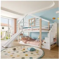 Odikalo Etagenbett Kinderbett 90x200cm mit Rutsche (Kinder - Etagenbett mit Rutsche und Treppe im skandinavisches Stil, Massivholzkonstruktion, stabil & sicher, mit Geländer & Stauraum, platzsparend, ideal für Geschwister, EN 747-1:2024 zertifiziert)