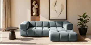 Ecksofa Designersofa BLANCHE in Stoff Bluvel Graublau Ottomane Rechts