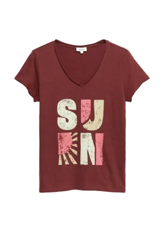 s.Oliver Red Label - T-Shirt mit V-Ausschnitt und Frontprint rot - Gr. - 38