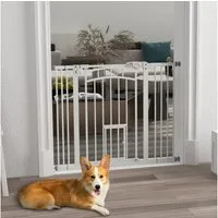 PawHut Hundegitter Hundeschutzgitter, Hundeabsperrgitter mit automatisch schließender Tür (Türschutzgitter, 1 St., Kaminschutzgitter), mit Katzenklappe, ohne Bohren, Absperrgitter für Hunde, Weiß