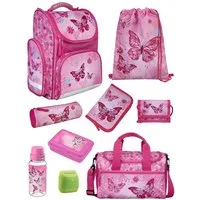 Familando Schulranzen Clou Schmetterling Schultasche, Butterfly rosa, ab 1. Klasse (Erweitertes Set, 9-tlg., mit Lunch-Set und Sporttasche), kompakt, mit 2-Wege Reißverschluss