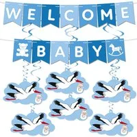 BRUBAKER Girlande Welcome Baby Wimpelkette für Jungen und Mädchen mit Storchanhängern, Willkommensdeko Set für Zuhause, Babyparty und Babyzimmer Dekoration