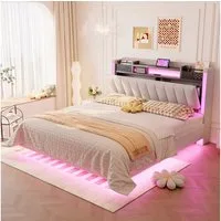 Flieks Polsterbett, LED Schwebebett Doppelbett 140x200cm mit USB-Aufladen und Stauraum