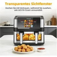Vankel Heißluftfritteuse 9L, 2000W Airfryer mit Doppel-/Einzelkammer, Sichtfenster & 12 Programmen, 2000 W, 9L Airfryer mit Touchscreen, 360° Heißluft, Trennwand & Timer
