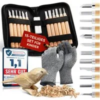 Eli Taschenmesser Schnitzmesser Kinder - Kindermesser - Schnitzset - Kindertaschenmesser, (Schnitzrohling Vogel - schnittfeste Handschuhe - Beidhändig - rostfreier Stahl, 15 St., Kinderschnitzmesser - Griffe aus Buchenholz), Schnitzwerkzeug - Outdoor