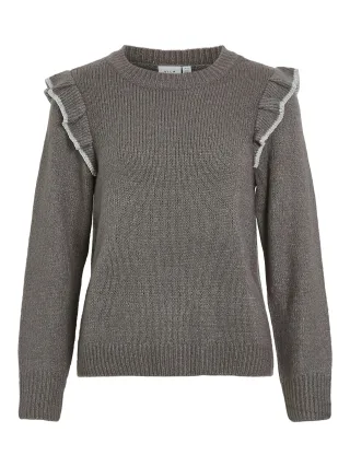 VILA - VINANZY L/S O-NECK FLOUNCE KNIT TOP/BF medium grey melange - Gr. - XS