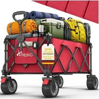 TRESKO Bollerwagen Bollerwagen faltbar 300L mit Bremse Handwagen klappbar 150kg (inkl. Vollgummireifen Faltbarer Strandwagen mit Extra Breite All-Terrain-Räder, Gartenwagen Transportwagen mit Tragetasche)
