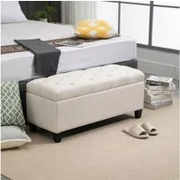 HOMCOM Sitzbank Bank mit Leinenoptik, Holzbeine für Flur (Truhenbank, 1-St., Polsterbank), Schlafzimmer, Wohnzimmer, Gummiholz, Cremeweiß, 100 x 40 x 44 cm