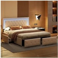 Simurq Stauraumbett Polsterbett 140x200 mit LED höhenverstellbarem Kopfteil & 4 Schubladen (LED Doppelbett 140x200 mit Lattenrost,PU, Jugendbett Funktionsbett Bettgestell aus Holz,PU,ohne Matratze)