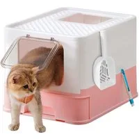 FEANDREA Katzentoilette mit Deckel, mit Tablett, Schaufel und Bürste, Auslaufsicherer Boden, für Katzen bis 15 kg, 1er/2er Set