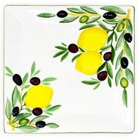 Lashuma Servierplatte Zitrone Olive, Keramik, (1-tlg., 27 x 27 cm), Quadratischer Obstteller mit Zitronen Oliven Design