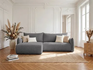 Ecksofa Schlafsofa MAILAND in Stoff Tilia Dunkelgrau Ottomane Links