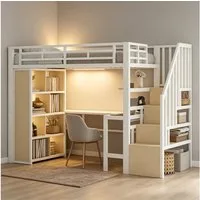 REDOM Hochbett mit robustem Eisenrahmen, LED-Beleuchtung (mit Schreibtisch, Ablage und Treppenregalen, Funktionsbett Metallbett, 90x200 cm) ohne Matratze