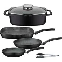 GSW Topf-Set Gourmet Granit, Aluminiumguss (Set, 5-tlg., 1 Bräter, 1 Grillpfanne Ø 28cm, je 1 Bratpfanne Ø 20/24cm, 1 Kochzange), Induktion
