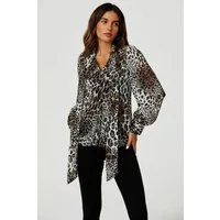 FS Collection Langarmbluse Damen Elegante Bluse, Langärmliges Blusenoberteil mit Bindedetail (XS (UK 8 / EU 36) S (UK 10 / EU 38) M (UK 12 / EU 40) L (UK 14 / EU 42) XL (UK 16 / EU 44), 3 Farben : LeoBraun, Floral Blau-Lila und Grün) leicht, fließend