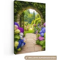 OneMillionCanvasses® Leinwandbild Aussicht - Tor - Hortensie - Blumengarten, Fotodruck (1 St), Leinwand Canvas Wandbild, Wanddekoration 20x30 cm