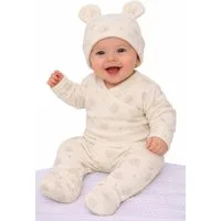 La Bortini Body & Hose Erstlingsset Baby Anzug Wickelbody Schlupfhose Mütze in Creme elastisch, gerippt, mit Bärchen-Muster 44 50 56 62