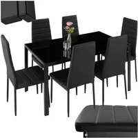 tectake Sitzgruppe Essgruppe Brandenburg mit Kunstlederstühlen und Glastisch, (Esszimmertisch Set Brandenburg, 7-tlg., in schwarz/schwarz), Bodenschonende Kunststoffkappen inklusive