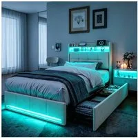 Furnishings Home Polsterbett LED Doppelbett Stauraumbett mit Kopfteil und 4 Schubladen (Leinenmaterial Polsterbett mit RGB Beleuchtung, 90x200 cm), mit Lattenrost und Ladefunktion, mit Komforthöhe, Leises Design Bett