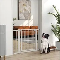 PawHut Hundegitter Absperrgitter 76-104 cm Schutzgitter Haustiere (Türschutzgitter, 1 St., Treppenschutzgitter ohne bohren), für mittelgroße Hunde, Stahl, Weiß