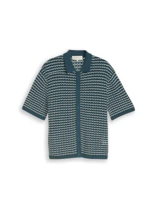 Denim Tom Tailor - Strick-Poloshirt mit Lochmuster tide petrol white structure - Gr. - S