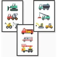 Himmelzucker Poster DIN A4 Wandbilder für Kinderzimmer Autos Baustelle Feuerwehrauto, Fahrzeuge (3-teiliges Poster-Set, 3 St), Bilder Kinderposter für Junge Mädchen (DIN A4 ohne Rahmen)
