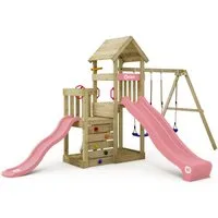 Wickey Klettergerüst SkyFlyer Spielturm mit 2 Podesten, 2 Rutschen & Doppelschaukel, (Wetterfester Massivholz Kletterturm für Outdoor-Abenteuer, Kletteranbau fördert Gleichgewicht, Bewegung & Motorik), Abenteuer für kleine & große Kinder mit 10 Jahre