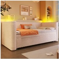 STILVORA Schlafsofa mit bettfunktion Polsterbett 90/180×200 Tagesbett mit Matratze beige, mit Ausziehbett, LED-Beleuchtung und Lattenrost, Inklusive Matratze