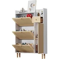 Refined Living Schuhschrank Holzwerkstoff Schuhschrank aus Rattan, mit Schublade Schuhregal (Platzsparender Aufbewahrungsschrank,Sideboard, Maße: B90/H125/T17 cm, mit 3 Kipp-Türen und 1 Schublade, 1-St., mit Massivholzbeinen und Griffen, Hochwertige 