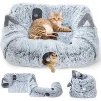 MECO Tiertunnel 2 in1 XL Katzentunnel Tierbett 103x85x25cm, Plüschiges Material, Spieltunnel mit Spielball Katzenspielzeug, Tragfähigkeit bis 10kg