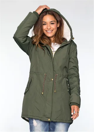 bonprix Parka mit Teddy-Futter, grün, Gr.56, Trendy Übergangsjacke mit vielen Details