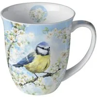 Ambiente Luxury Paper Products Tasse, Keramik, Tasse 10cm Porzellan mit Blaumeise und Blütenmotiv Blau Weiß Gelb