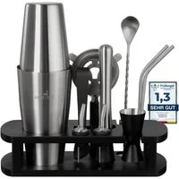 BARMINGO Cocktail-Set Edelstahl Boston Cocktail Shaker Set (825 ml) mit Bar Zubehör, (Cocktailshaker Set, 11-tlg., Für Profis und Anfänger), Cocktail Zubehör mit hochwertigem Bambusständer