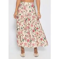 SASSYCLASSY Maxirock Maxi Rock mit Blümchendruck für Damen Fließender Rock mit angesetzten Stufen im luftigen Fall Beige