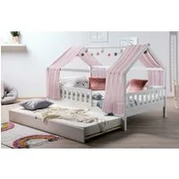 Ticaa Hausbett Kim mit Rausfallschutz und Zusatzbett aus Kiefer, Kinderbett 90x200, inkl. Tüll-Set, mit Rollrost