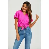 FS Collection Kurzarmbluse Damen Kurzarmbluse Crop Top Knotenbluse Knopfleiste Elegant (XS (EU:36 / UK:8) · S (EU:38 / UK:10) · M (EU:40 / UK:12) · L (EU:42 / UK:14) · XL (EU:44 / UK:16) Bindeknoten, Crop Top, Knopfleiste, Kurzarm, Modischer Schnitt